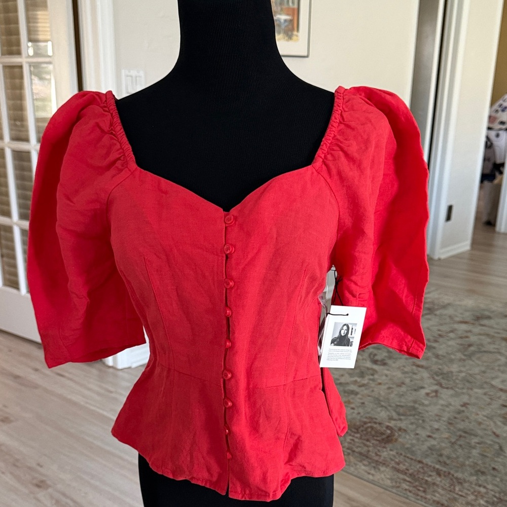 Something Navy Red Puff Sleeve Blouse
